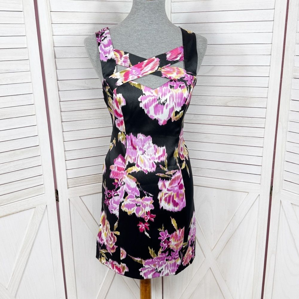 Cache Abstract Floral‎ Cage Front Sleeveless Sheath Dress Black Pink 12
